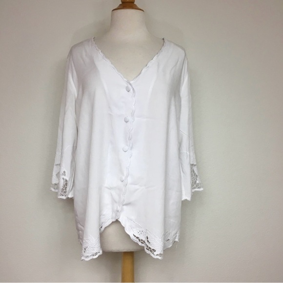 Soft Surroundings White Crochet Button Down Rayon Blouse Size Large Coastal Boho - Picture 1 of 16